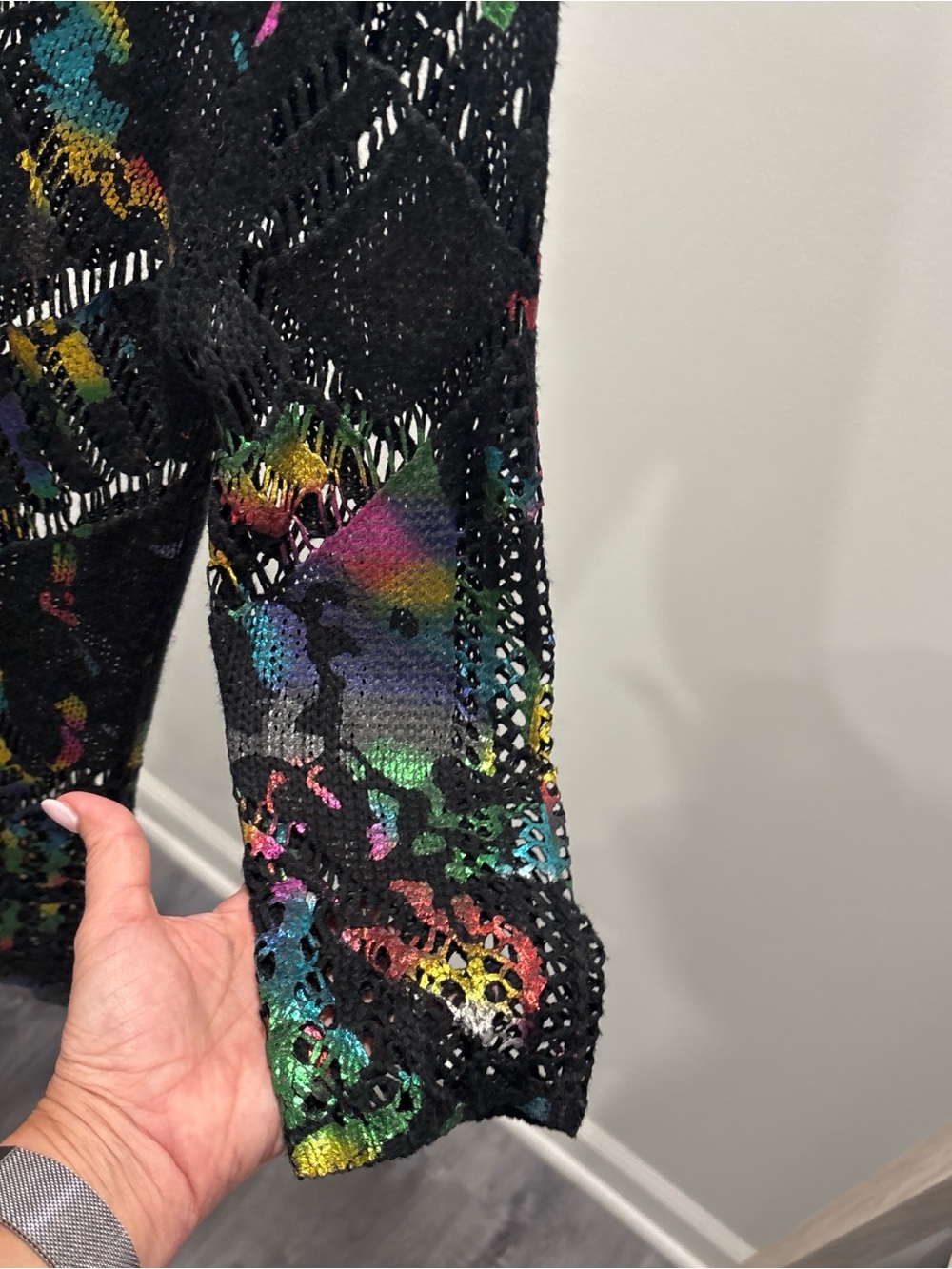 Adore Black Open-Knit Sweater with Multicolor Accents - Picture 6 of 7